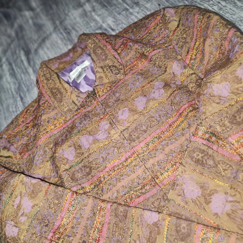Coldwater Creek Floral Jacquard Embellished Zip Up Jacket Coat Tapestry Med